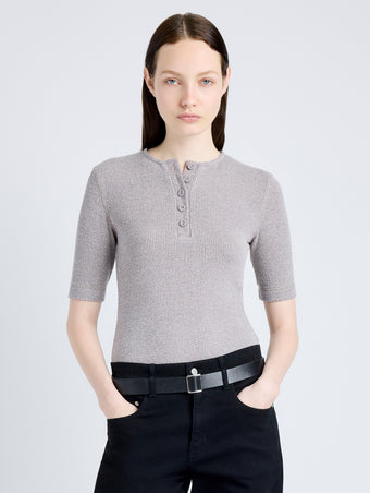 Proenza Schouler Front cropped image of model wearing Jacqueline Shirt in Boucle Rib in LIGHT ALLOY MELANGE
