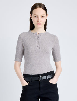 Proenza Schouler Front cropped image of model wearing Jacqueline Shirt in Boucle Rib in LIGHT ALLOY MELANGE