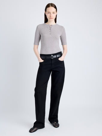 Proenza Schouler Front full length image of model wearing Jacqueline Shirt in Boucle Rib in LIGHT ALLOY MELANGE