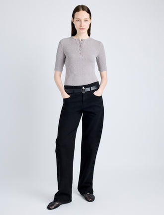 Proenza Schouler Front full length image of model wearing Jacqueline Shirt in Boucle Rib in LIGHT ALLOY MELANGE