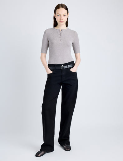 Proenza Schouler Front full length image of model wearing Jacqueline Shirt in Boucle Rib in LIGHT ALLOY MELANGE