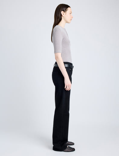 Proenza Schouler Side full length image of model wearing Jacqueline Shirt in Boucle Rib in LIGHT ALLOY MELANGE