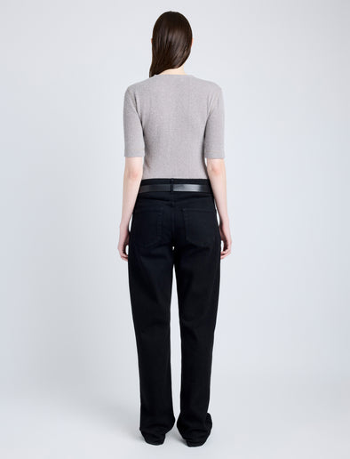Proenza Schouler Back full length image of model wearing Jacqueline Shirt in Boucle Rib in LIGHT ALLOY MELANGE
