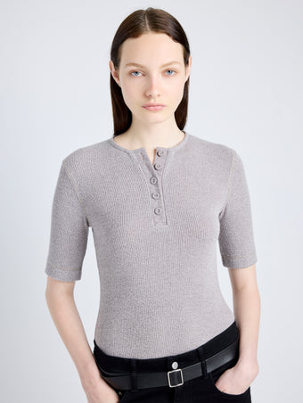 Proenza Schouler Detail image of model wearing Jacqueline Shirt in Boucle Rib in LIGHT ALLOY MELANGE