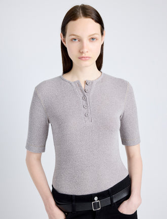 Proenza Schouler Detail image of model wearing Jacqueline Shirt in Boucle Rib in LIGHT ALLOY MELANGE