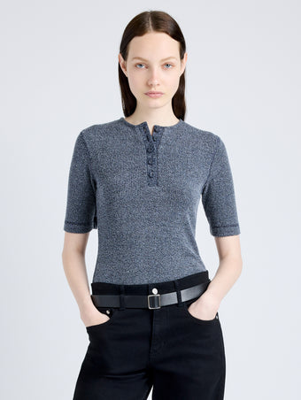 Proenza Schouler Front cropped image of model wearing Jacqueline Shirt in Boucle Rib in INK MELANGE