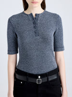 Proenza Schouler Detail image of model wearing Jacqueline Shirt in Boucle Rib in INK MELANGE