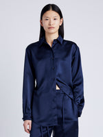 Proenza Schouler Front cropped image of model wearing Raven Shirt in Satin in INK