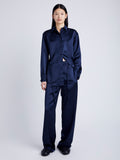 Proenza Schouler Front full length image of model wearing Raven Shirt in Satin in INK
