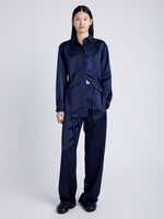 Proenza Schouler Front full length image of model wearing Raven Shirt in Satin in INK