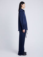 Proenza Schouler Side full length image of model wearing Raven Shirt in Satin in INK