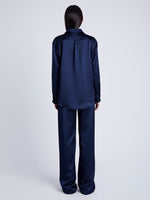 Proenza Schouler Back full length image of model wearing Raven Shirt in Satin in INK