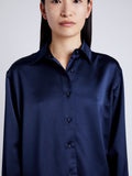 Proenza Schouler Detail image of model wearing Raven Shirt in Satin in INK