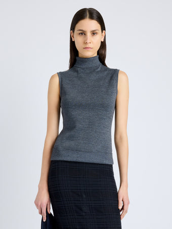Proenza Schouler Front cropped image of model wearing Sandrine Top in Souffle Cotton Blend in DARK GREY MELANGE