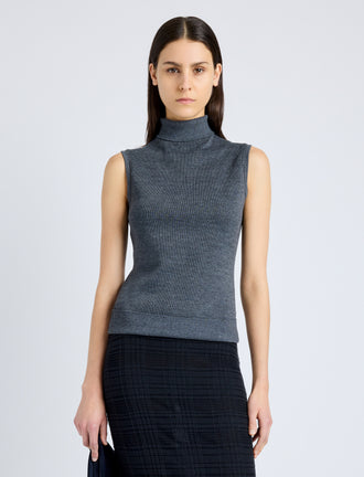 Proenza Schouler Front cropped image of model wearing Sandrine Top in Souffle Cotton Blend in DARK GREY MELANGE