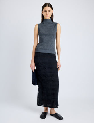 Proenza Schouler Front full length image of model wearing Sandrine Top in Souffle Cotton Blend in DARK GREY MELANGE