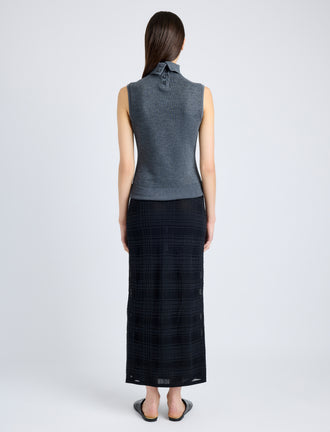 Proenza Schouler Back full length image of model wearing Sandrine Top in Souffle Cotton Blend in DARK GREY MELANGE
