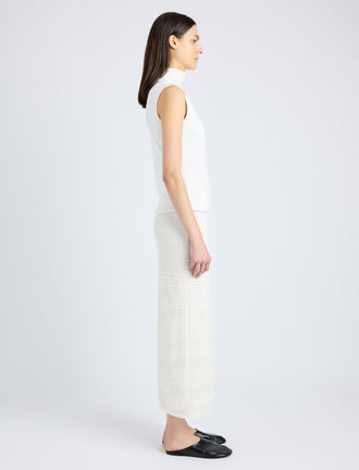 Proenza Schouler Side full length image of model wearing Sandrine Top in Souffle Cotton Blend in ALABASTER