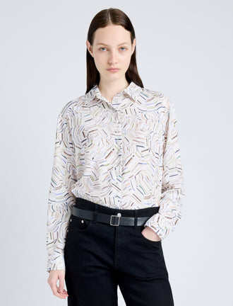Proenza Schouler Front cropped image of model wearing Eve Top in Printed Parachute Flou in ALABASTER MULTI