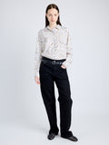 Proenza Schouler Front full length image of model wearing Eve Top in Printed Parachute Flou in ALABASTER MULTI