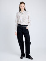 Proenza Schouler Front full length image of model wearing Eve Top in Printed Parachute Flou in ALABASTER MULTI
