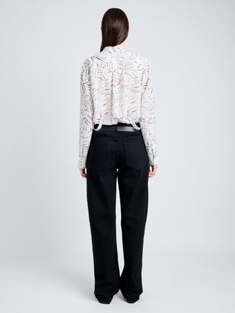 Proenza Schouler Back full length image of model wearing Eve Top in Printed Parachute Flou in ALABASTER MULTI