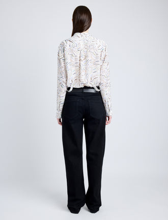 Proenza Schouler Back full length image of model wearing Eve Top in Printed Parachute Flou in ALABASTER MULTI