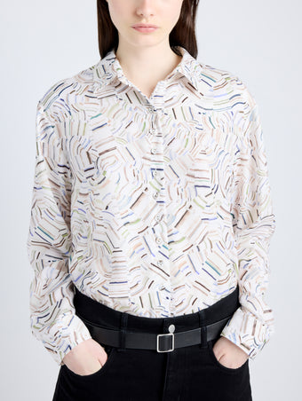 Proenza Schouler Detail image of model wearing Eve Top in Printed Parachute Flou in ALABASTER MULTI