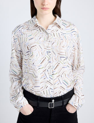 Proenza Schouler Detail image of model wearing Eve Top in Printed Parachute Flou in ALABASTER MULTI