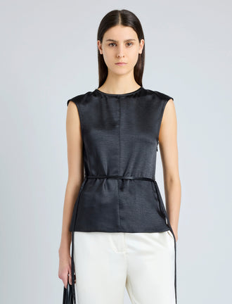 Proenza Schouler Front cropped image of model wearing Clemence Top in Satin in BLACK