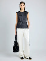 Proenza Schouler Front full length image of model wearing Clemence Top in Satin in BLACK