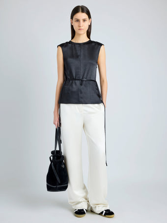 Proenza Schouler Front full length image of model wearing Clemence Top in Satin in BLACK