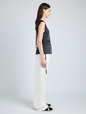 Proenza Schouler Side full length image of model wearing Clemence Top in Satin in BLACK