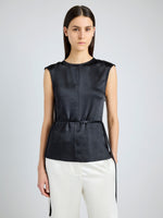 Proenza Schouler Detail image of model wearing Clemence Top in Satin in BLACK