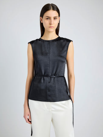 Proenza Schouler Detail image of model wearing Clemence Top in Satin in BLACK