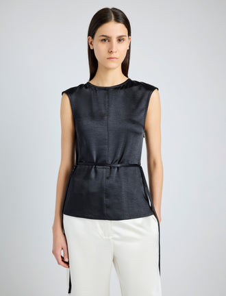 Proenza Schouler Detail image of model wearing Clemence Top in Satin in BLACK