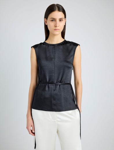 Proenza Schouler Detail image of model wearing Clemence Top in Satin in BLACK