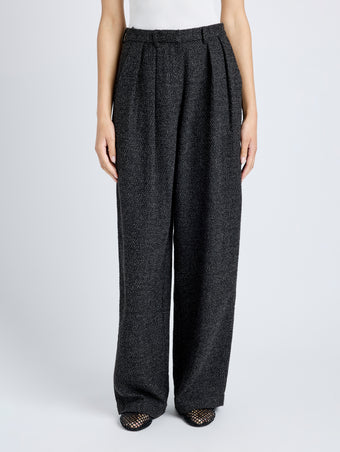 Proenza Schouler cropped front image of model wearing Eleanor Pant in Tweed in BLACK/ALABASTER