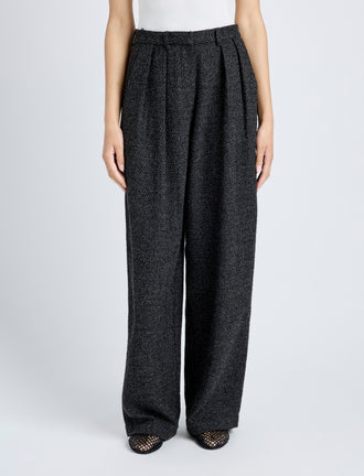 Proenza Schouler cropped front image of model wearing Eleanor Pant in Tweed in BLACK/ALABASTER