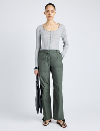 Proenza Schouler Front full length image of model wearing Nicole Pant in Parachute Cotton in DARK SPRUCE