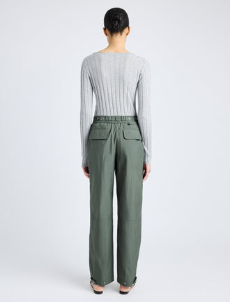 Proenza Schouler Back full length image of model wearing Nicole Pant in Parachute Cotton in DARK SPRUCE