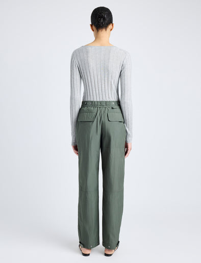 Proenza Schouler Back full length image of model wearing Nicole Pant in Parachute Cotton in DARK SPRUCE