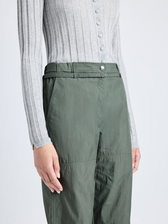 Proenza Schouler Detail image of model wearing Nicole Pant in Parachute Cotton in DARK SPRUCE