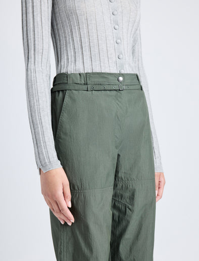 Proenza Schouler Detail image of model wearing Nicole Pant in Parachute Cotton in DARK SPRUCE