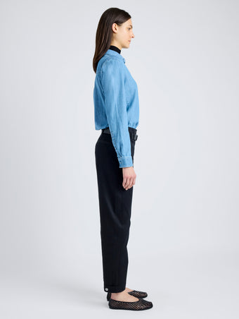 Proenza Schouler side image of model wearing Cait Pant in Cotton Twill in BLACK