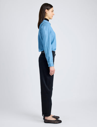 Proenza Schouler side image of model wearing Cait Pant in Cotton Twill in BLACK