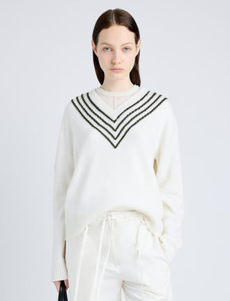 Proenza Schouler Front cropped image of model wearing Gianna Top in Merino Stripe in OFF WHITE