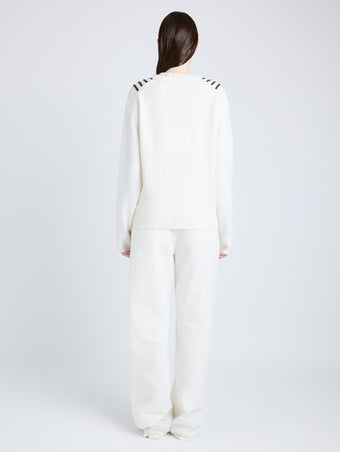 Proenza Schouler Back full length image of model wearing Gianna Top in Merino Stripe in OFF WHITE