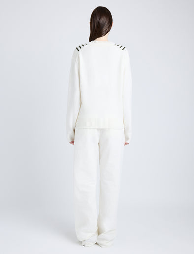 Proenza Schouler Back full length image of model wearing Gianna Top in Merino Stripe in OFF WHITE