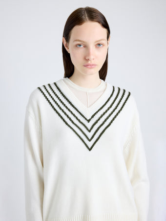 Proenza Schouler Detail image of model wearing Gianna Top in Merino Stripe in OFF WHITE